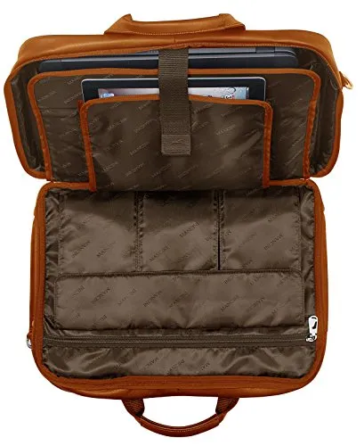Mancini Leather Goods Inc Unisex Supple Drum Dyed Colombian Leather 15.6" Laptop/Tablet Checkpoint Friendly Double Compartment Briefcase with RFID Secure Pocket 16" x 5" x 11.5" Cognac