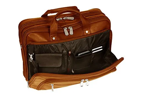 Mancini Leather Goods Inc Unisex Supple Drum Dyed Colombian Leather 15.6" Laptop/Tablet Checkpoint Friendly Double Compartment Briefcase with RFID Secure Pocket 16" x 5" x 11.5" Cognac