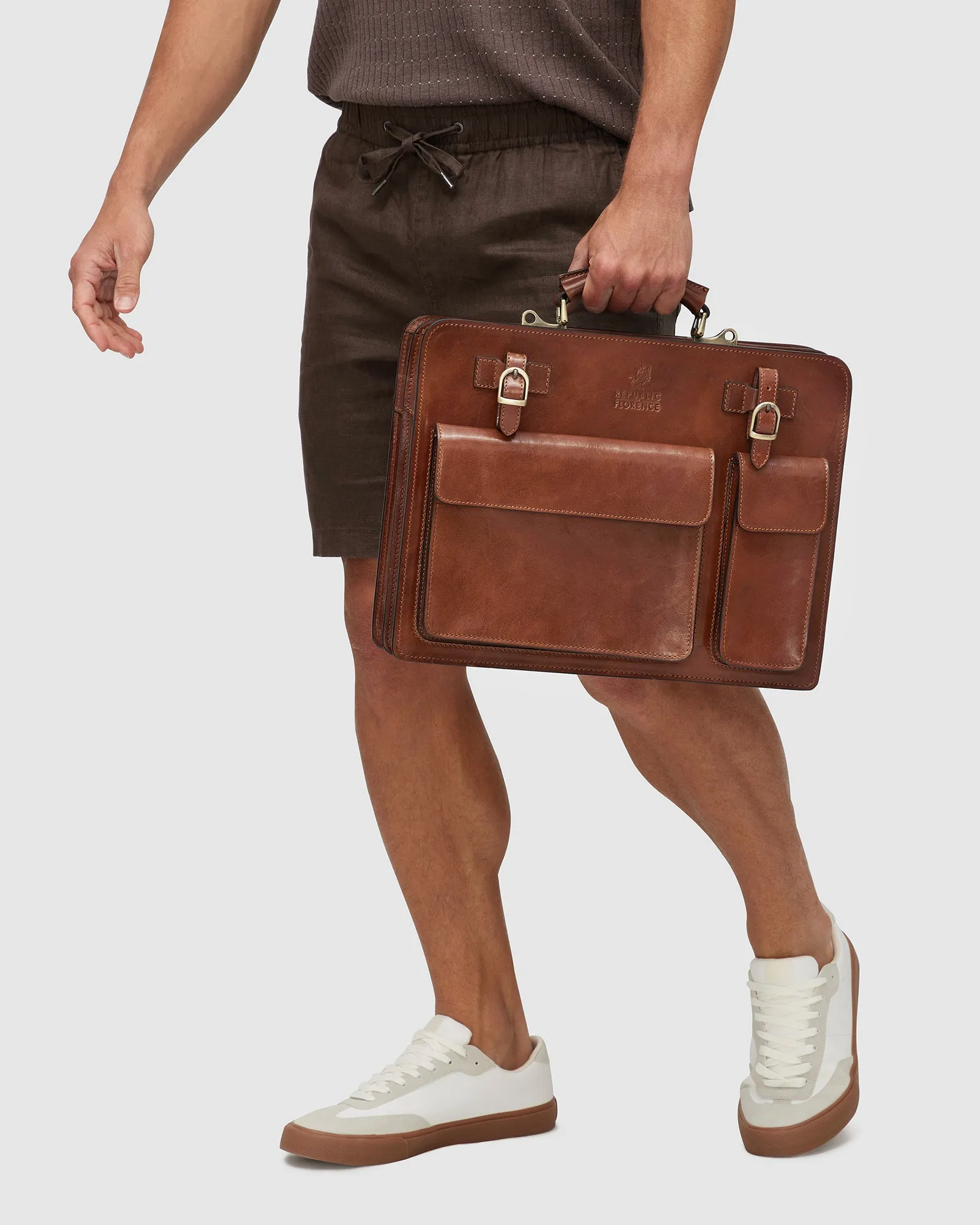 Munich Tan - Leather Briefcase Double Compartments
