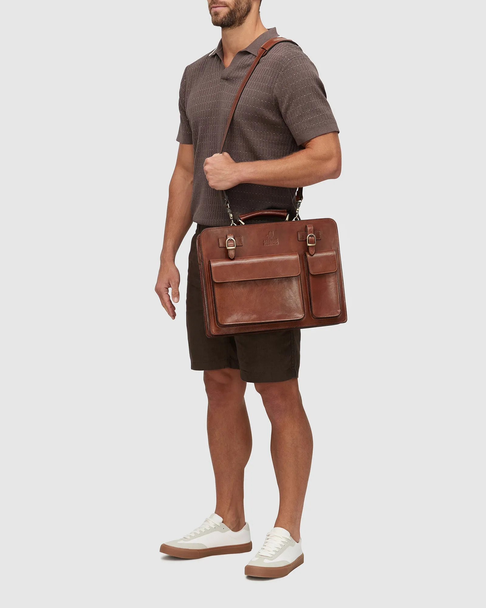 Munich Tan - Leather Briefcase Double Compartments