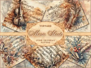 Music Sheet Backgrounds on Old Retro Vintage Paper, Ephemera, mini album, scrapbook, minimalist wall art, junk journal kit