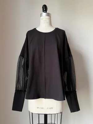 organic black cotton jersey and silk organza sleeve top