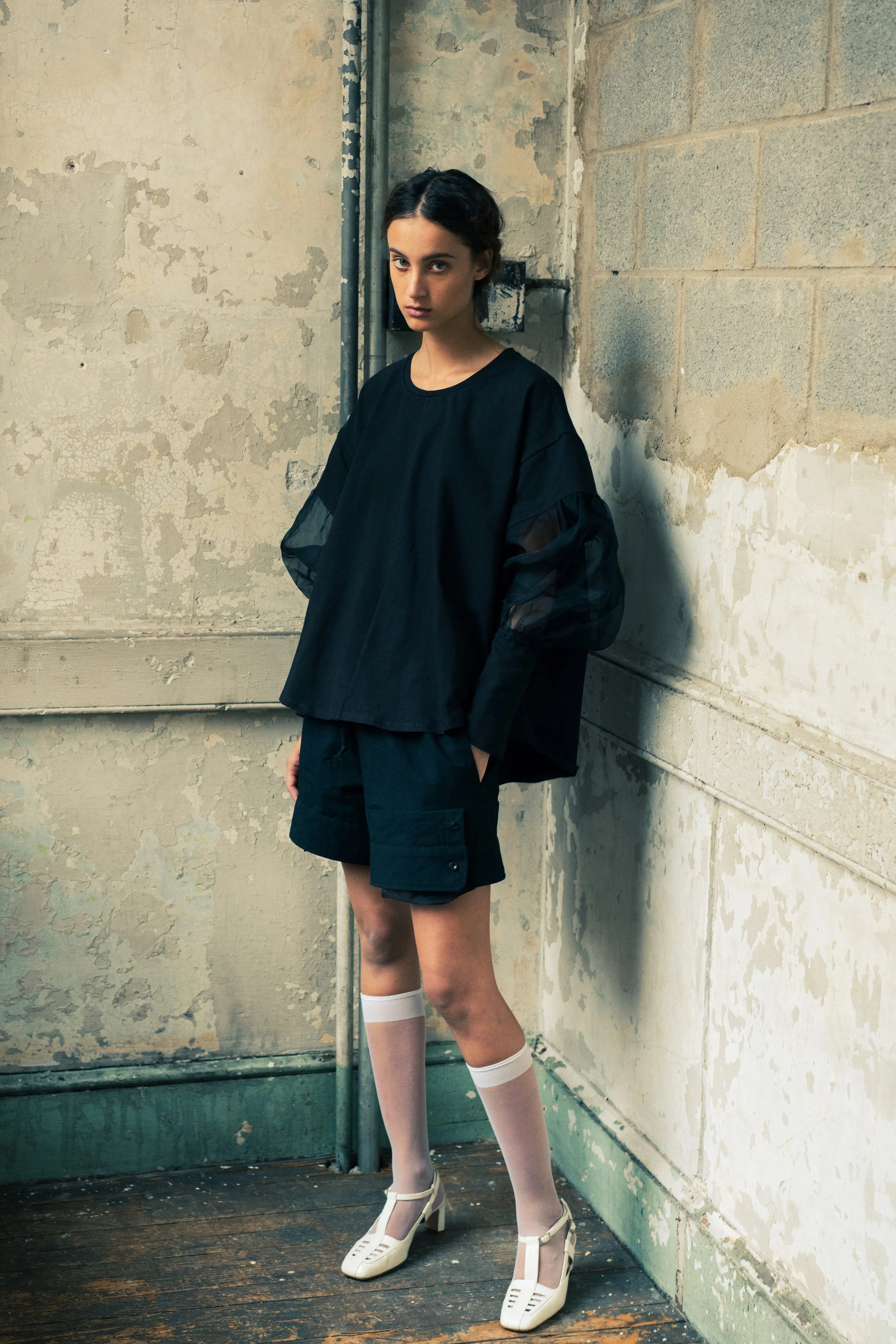 organic black cotton jersey and silk organza sleeve top