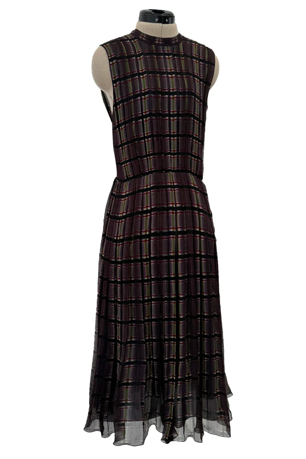 Prettiest Spring 2004 Prada Runway Look 31 Feather Light Grey & Green Silk Chiffon Plaid Dress