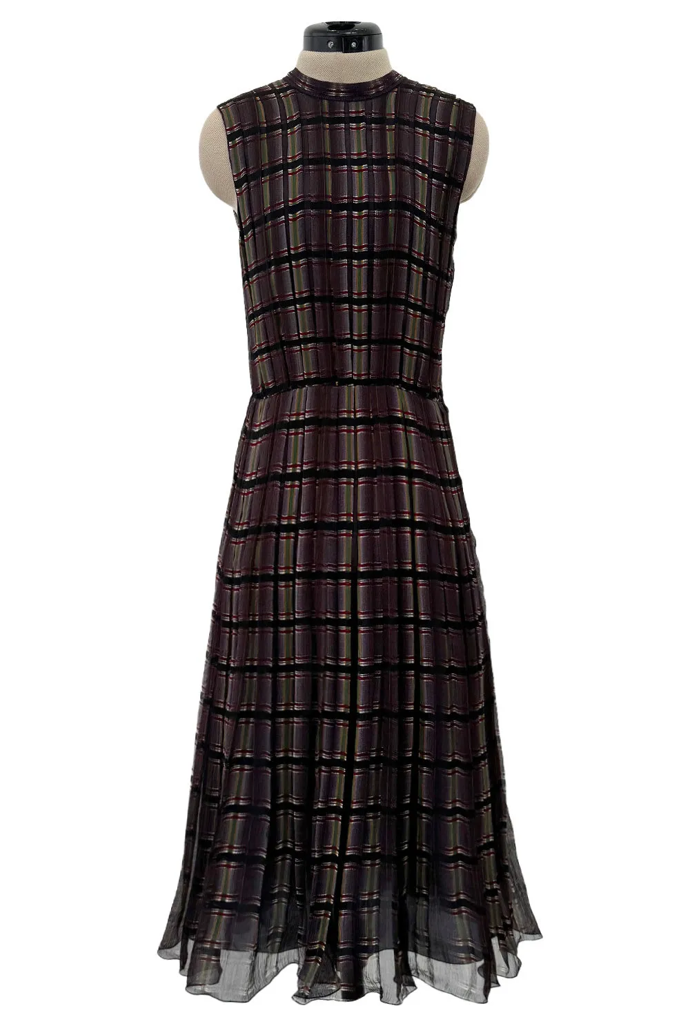 Prettiest Spring 2004 Prada Runway Look 31 Feather Light Grey & Green Silk Chiffon Plaid Dress