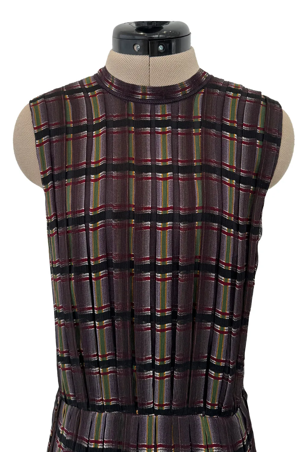 Prettiest Spring 2004 Prada Runway Look 31 Feather Light Grey & Green Silk Chiffon Plaid Dress