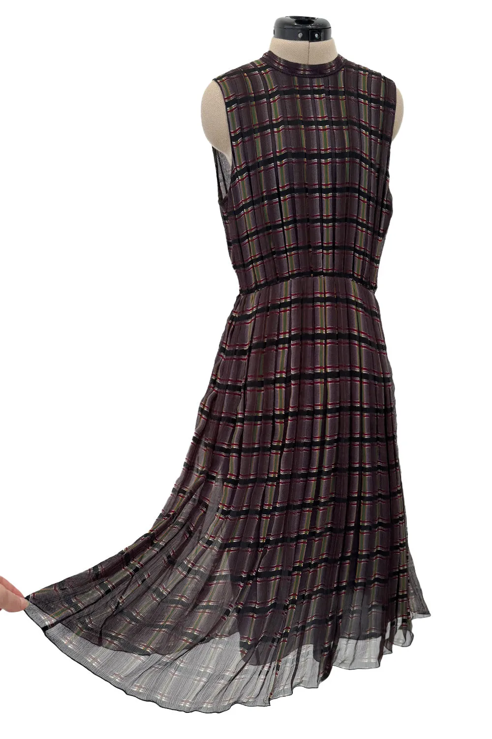 Prettiest Spring 2004 Prada Runway Look 31 Feather Light Grey & Green Silk Chiffon Plaid Dress
