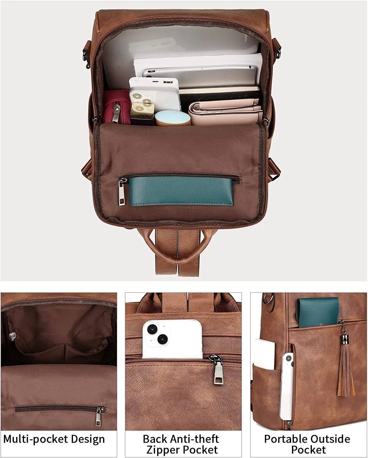 PU Leather Travel Backpack for Women, Designer Fashion Shoulder Bag with Tassel