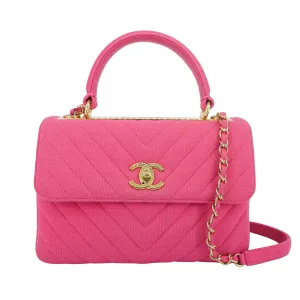 Small Trendy CC Flap Bag with Top Handle in Chevron Barbie Pink Jersey