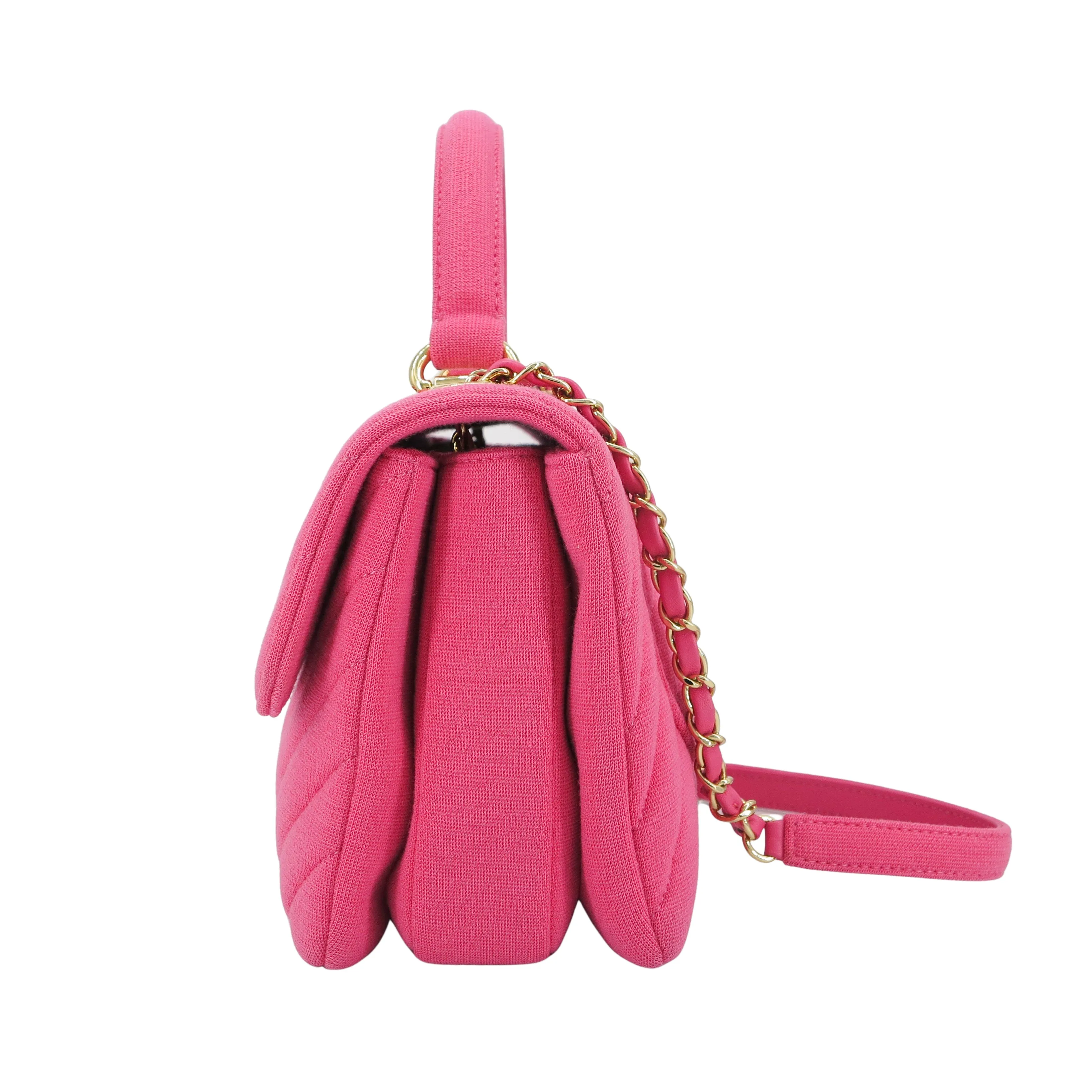 Small Trendy CC Flap Bag with Top Handle in Chevron Barbie Pink Jersey