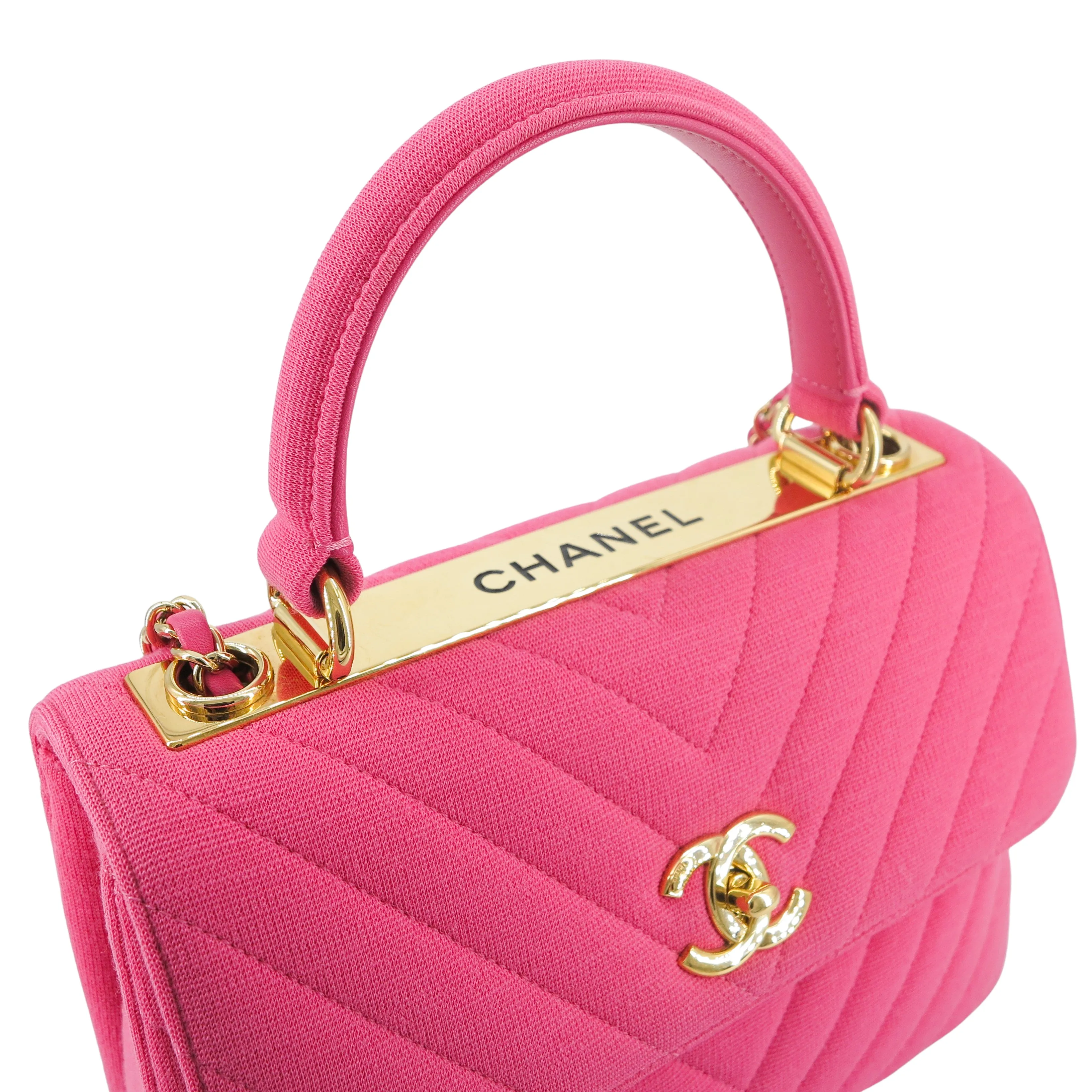 Small Trendy CC Flap Bag with Top Handle in Chevron Barbie Pink Jersey