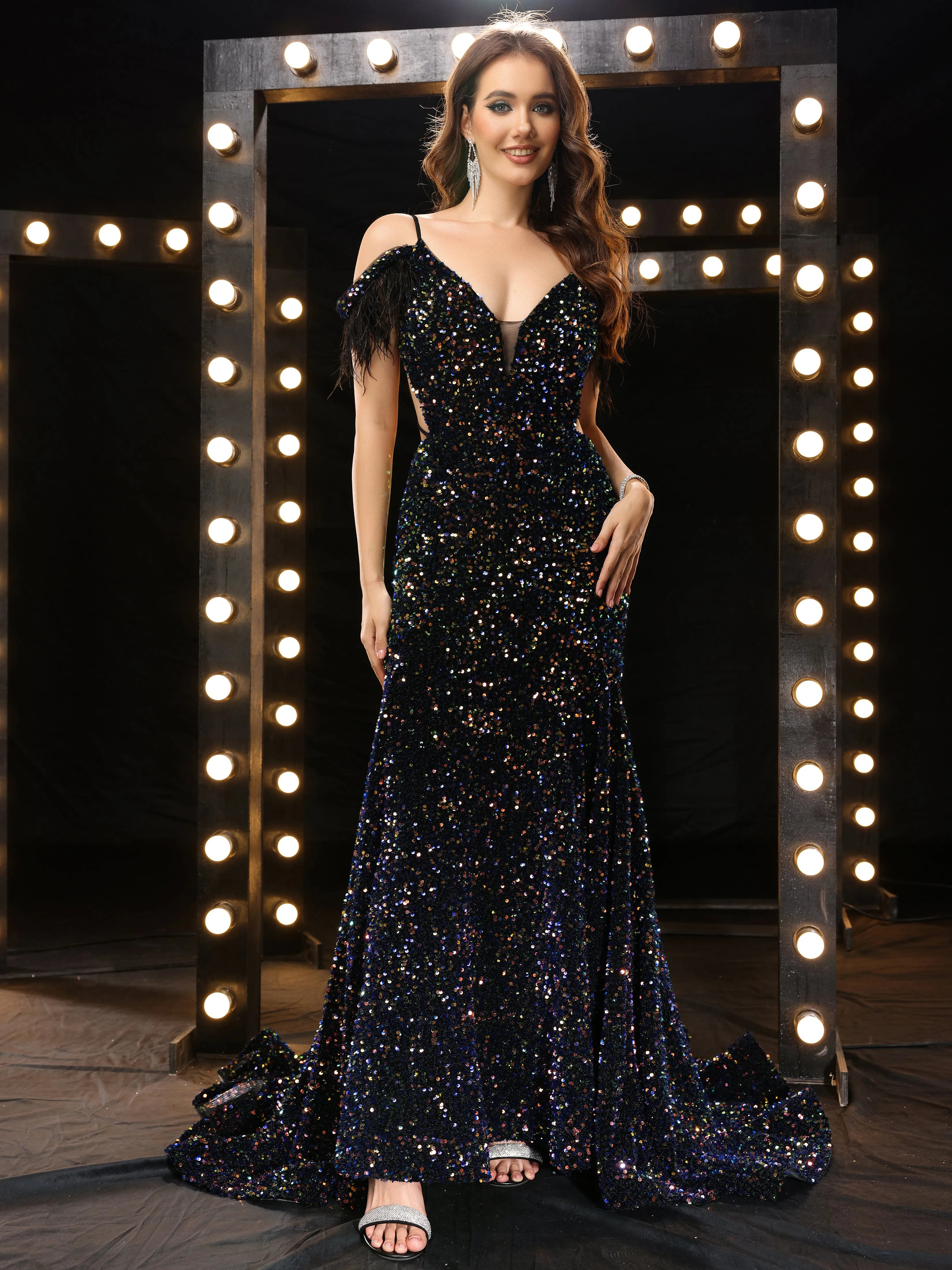 Unique Off The Shoulder Straps Backless Long Prom Dresses