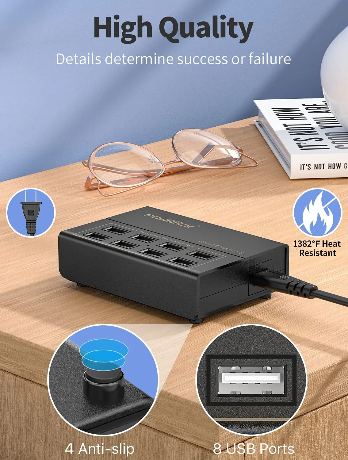 USB Charger Station, 8 Ports USB Charging Station 60W/12A, Included 3 Mixed Cable, 8 Multi Port USB Charging Station for Multiple Devices Smart Phone Tablet and Multiple Device(5Ft Detachable Cord)