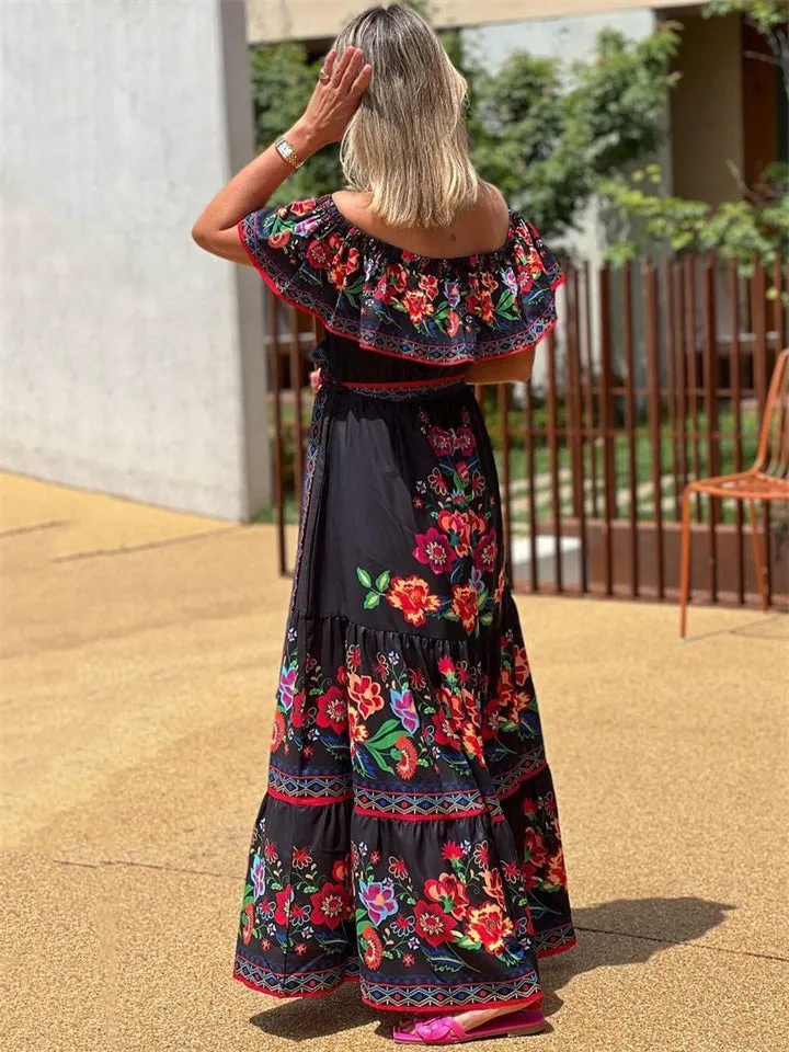 Women's Flower Print Off Shoulder Bohemian Dress