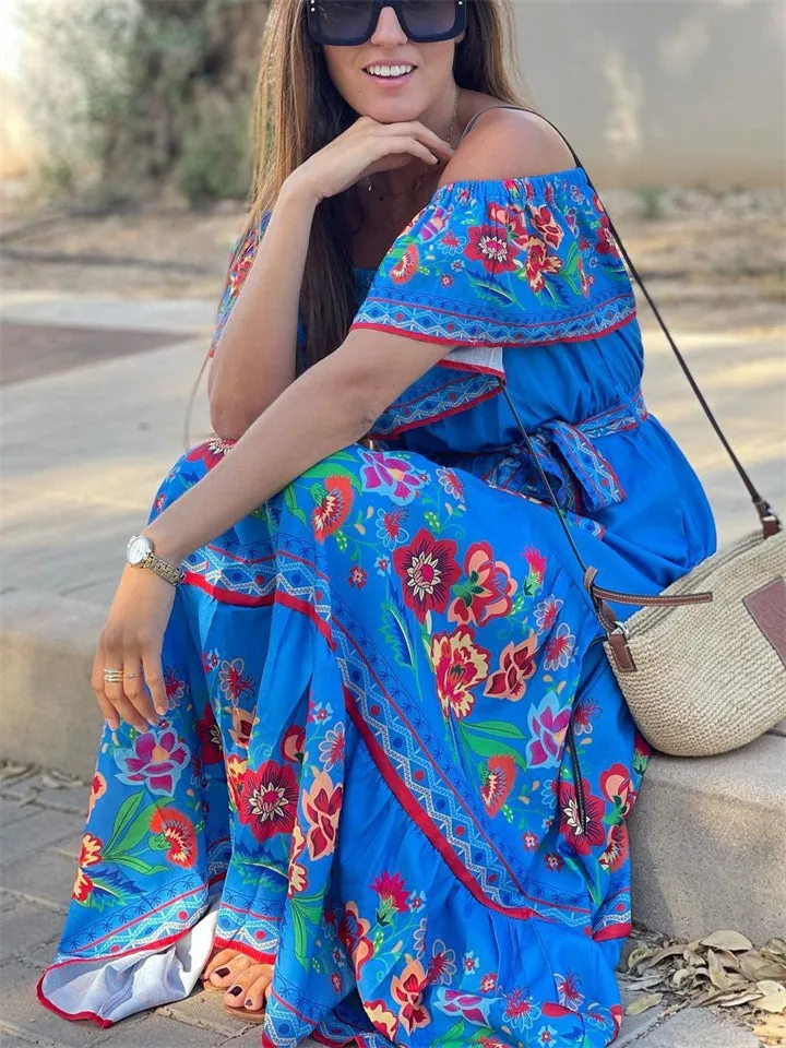 Women's Flower Print Off Shoulder Bohemian Dress