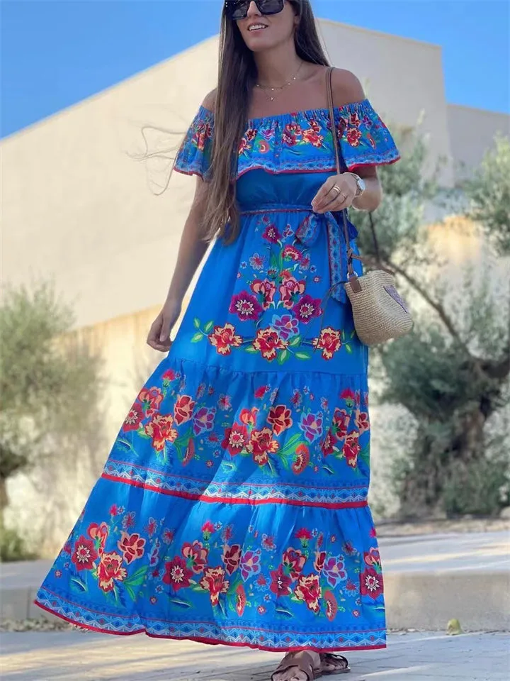Women's Flower Print Off Shoulder Bohemian Dress