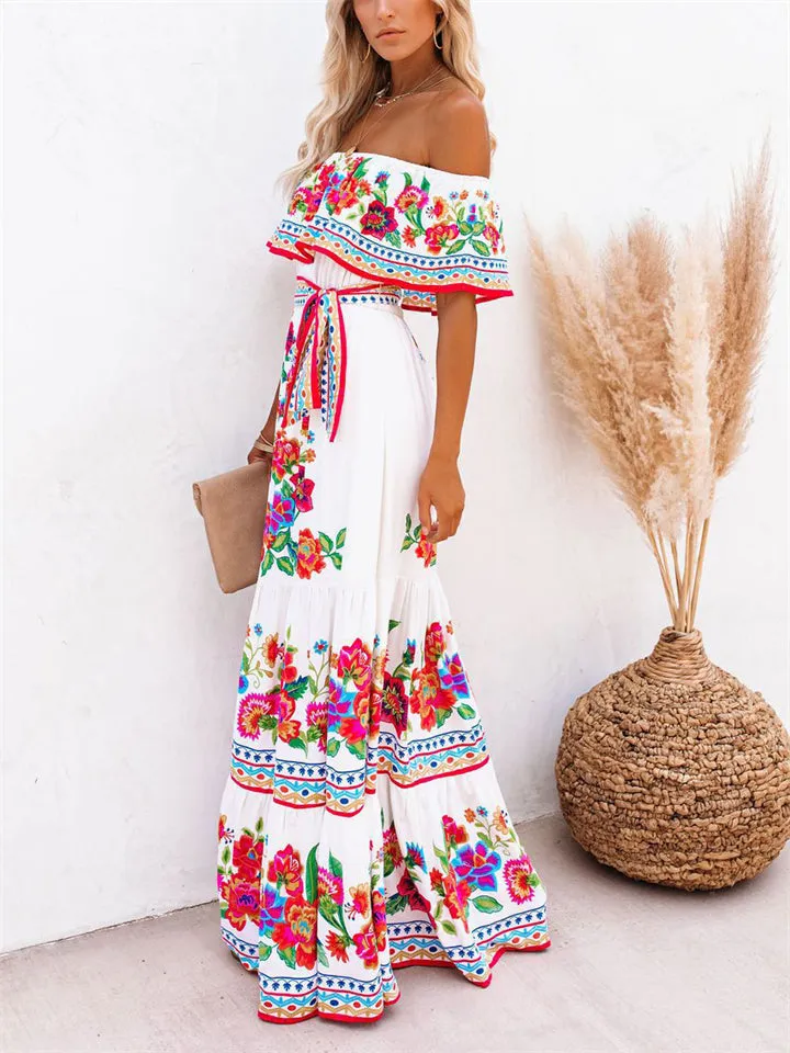 Women's Flower Print Off Shoulder Bohemian Dress