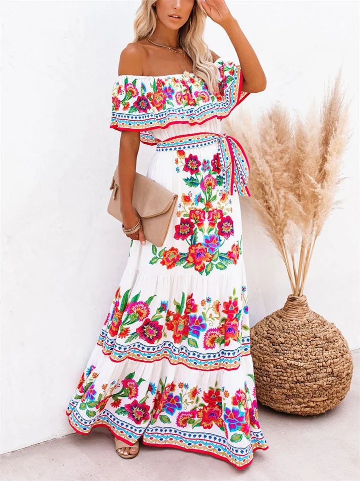 Women's Flower Print Off Shoulder Bohemian Dress