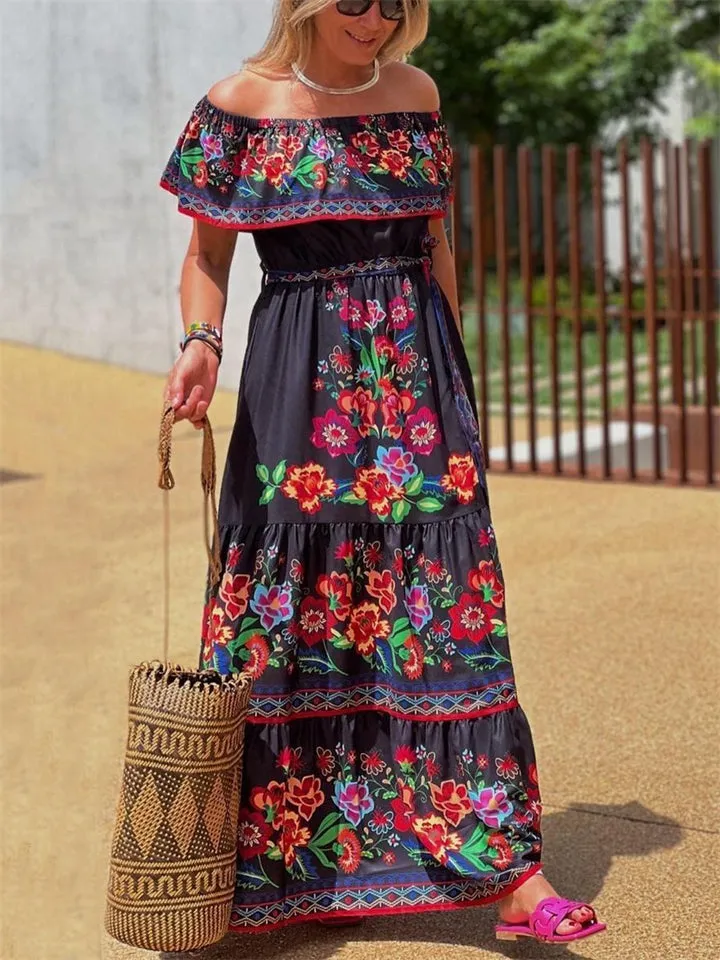 Women's Flower Print Off Shoulder Bohemian Dress