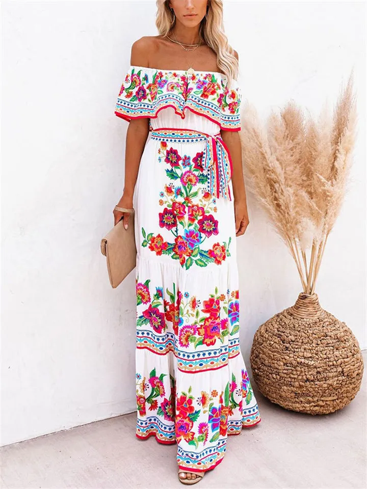 Women's Flower Print Off Shoulder Bohemian Dress